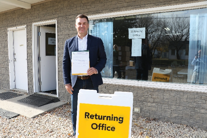 Steven Bonk was the first candidate to file his nomination papers in the Moosomin constituency. Here he is after filing his nomination at the returning office in Moosomin.